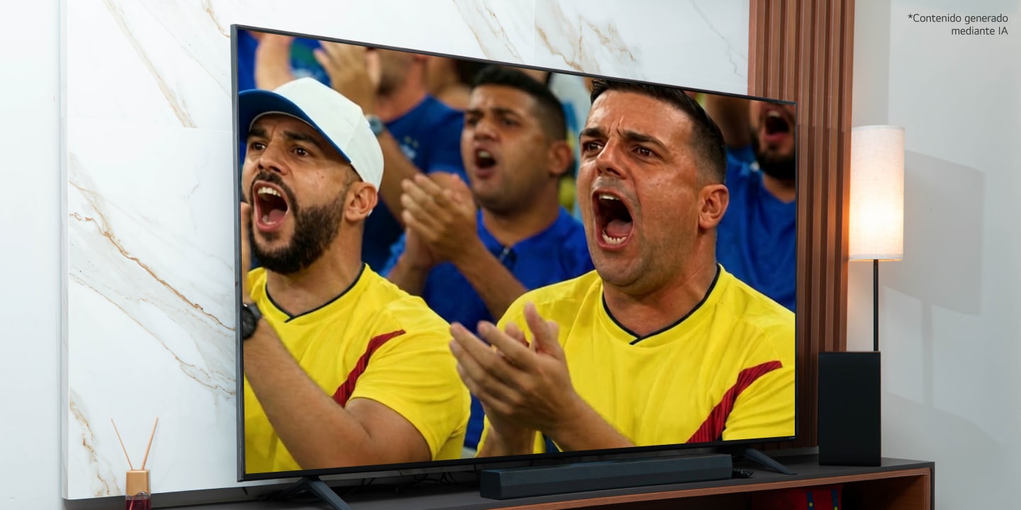 Multitudes nítidas de fútbol dentro de la pantalla de una LG QNED TV *contenido generado mediante IA