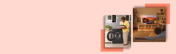Un collage de tres fotografías aparece sobre un fondo rosado claro. En el centro, una mujer con una blusa amarilla está junto a una lavadora de carga frontal mientras sostiene ropa doblada. En la parte superior derecha, una pareja baila junta. En la fotografía grande de la parte inferior derecha, una familia está sentada en un sofá viendo televisión en la sala. En la parte inferior aparece un texto pequeño que indica que la oferta es exclusiva de LG.com y es válida durante el período promocional o hasta agotar existencias.