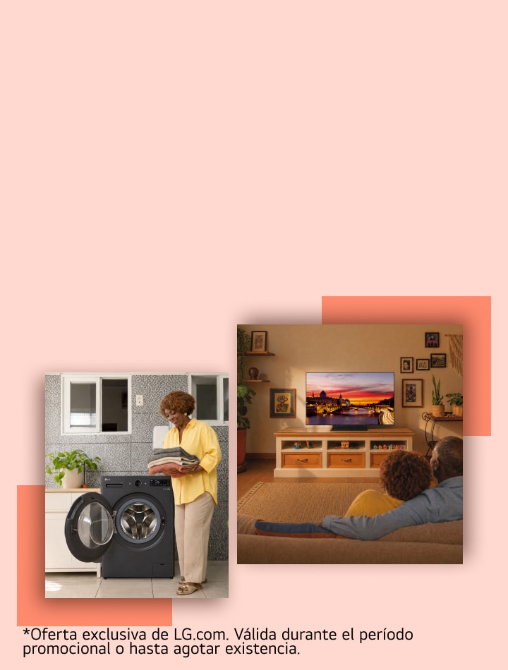 Un collage de tres fotografías aparece sobre un fondo rosado claro. En el centro, una mujer con una blusa amarilla está junto a una lavadora de carga frontal mientras sostiene ropa doblada. En la parte superior derecha, una pareja baila junta. En la fotografía grande de la parte inferior derecha, una familia está sentada en un sofá viendo televisión en la sala. En la parte inferior aparece un texto pequeño que indica que la oferta es exclusiva de LG.com y es válida durante el período promocional o hasta agotar existencias.