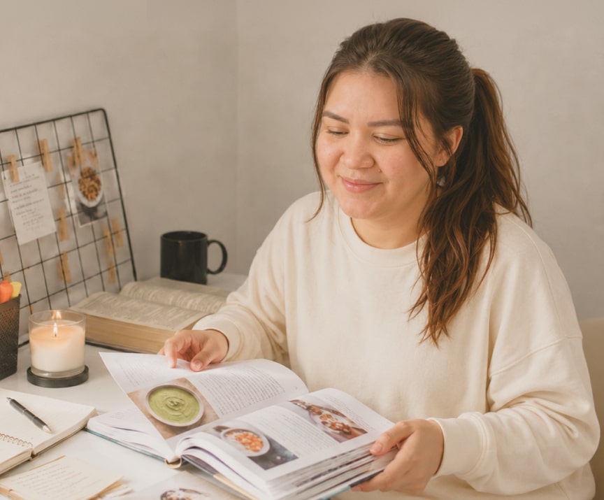 Una mamá planea las comidas de su bebé mientras consulta un libro de recetas en su escritorio.
