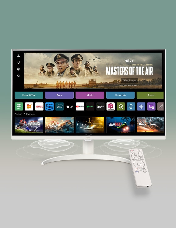 On the smart monitor screen, the webOS interface is displayed. Speaker waves emanate from the bottom corners of the monitor, and on the right side of the screen, there is a remote control.	