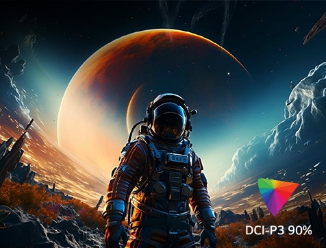 The screen contains various colors representing UHD 4K, and in the bottom right corner, there is a logo indicating DCI-P3 90%.	