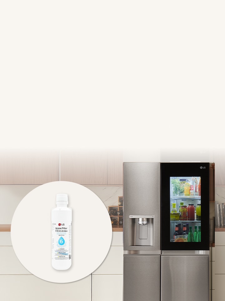 Protege tu agua Elige un filtro de agua LG original El agua puede contener metales pesados, sustancias farmacéuticas y microplásticos. Reemplaza tu filtro de agua al menos cada 6 meses para obtener agua y hielo más limpios, frescos y con mejor sabor para tu familia