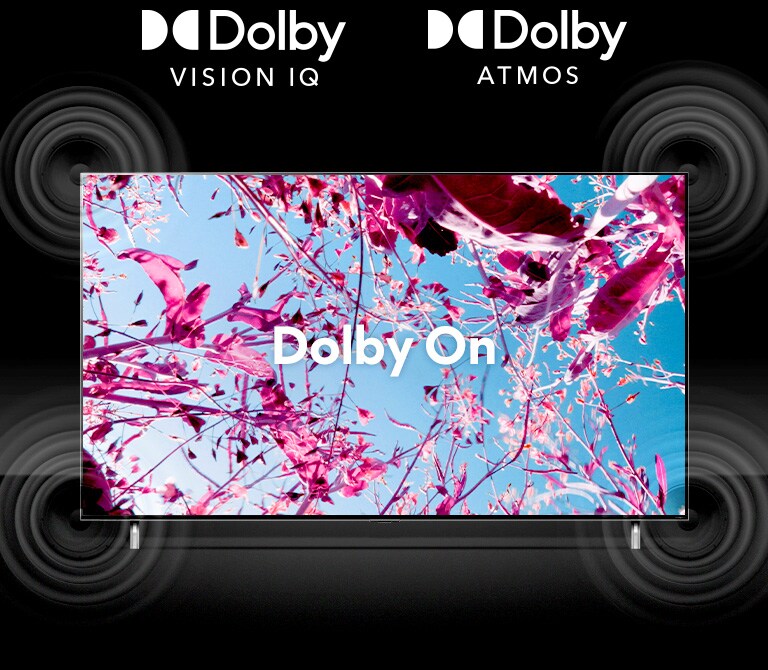 La pantalla del televisor5 QNED muestra unas flores rosadas de colza en un campo en verano y el texto en el medio que dice Dolby OFF. La imagen en pantalla se vuelve más brillante y el texto cambia a Dolby ON.