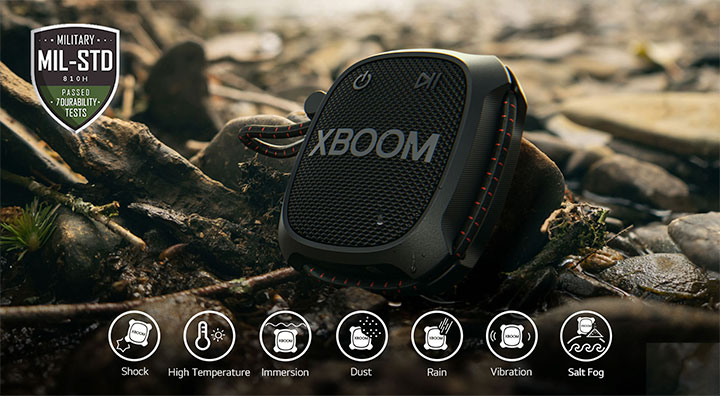 LG XBOOM Go XG2 standing on the rock to show Military Standards.	