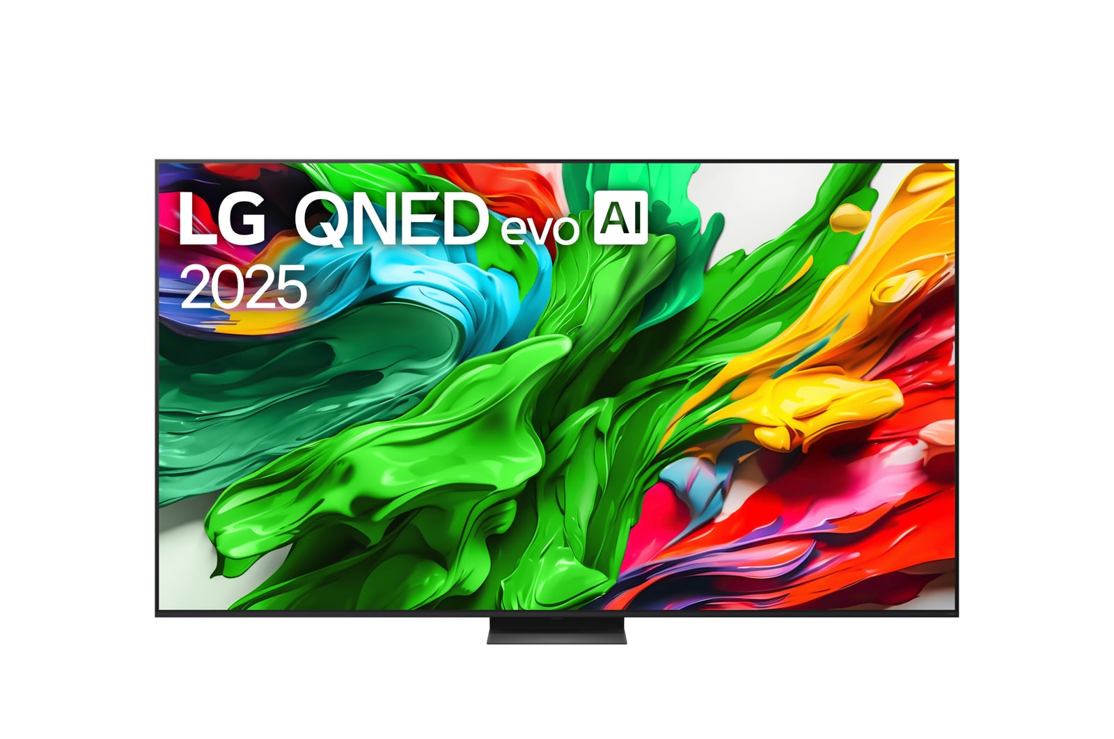 Vista de frente del TV LG QNED evo QNED86, logo de LG QNED evo Al en la esquina superior. El TV LG QNED evo QNED86 muestra texturas coloridas como una pintura que se combinan.