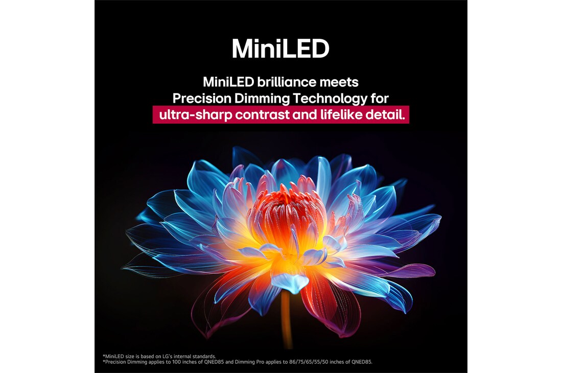 Flor holográfica en 3D con diferentes sombras y tonos sobre fondo negro. La definición y el detalle de la flor resaltan la capacidad del MiniLED de QNED de producir imágenes con color, brillo y contraste excepcionales. El título habla de cómo MiniLED mejora la claridad y proporciona un contraste excepcional.