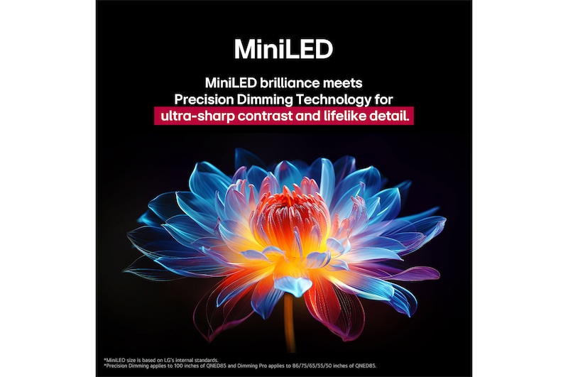Flor holográfica en 3D con diferentes sombras y tonos sobre fondo negro. La definición y el detalle de la flor resaltan la capacidad del MiniLED de QNED de producir imágenes con color, brillo y contraste excepcionales. El título habla de cómo MiniLED mejora la claridad y proporciona un contraste excepcional.