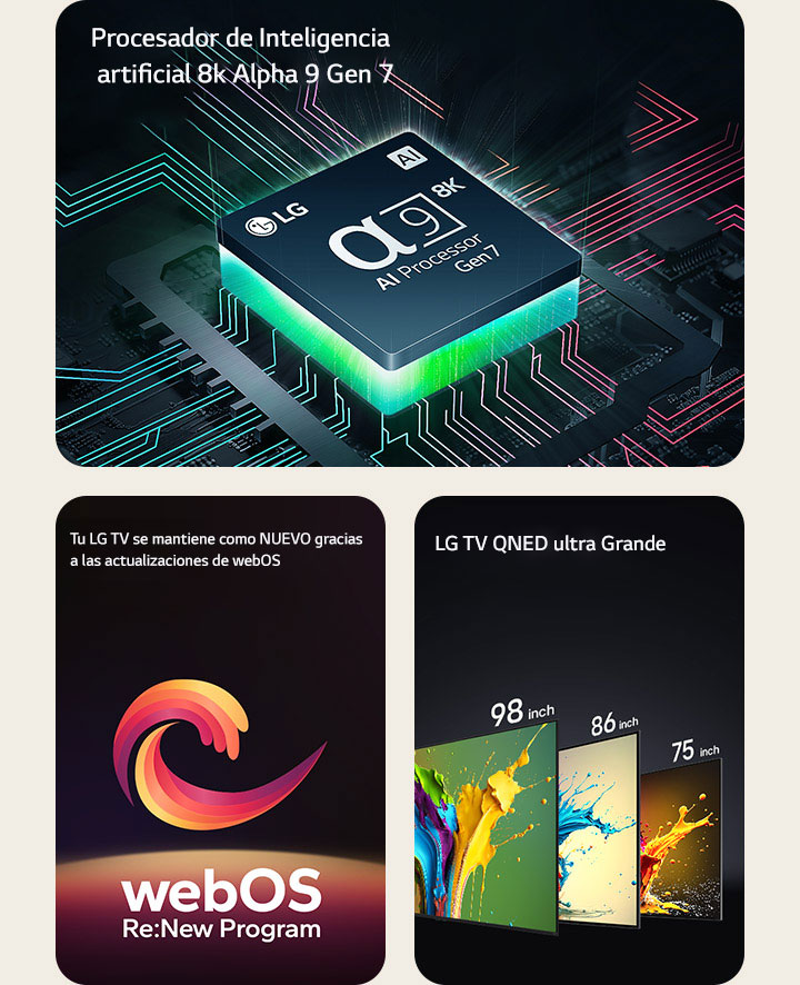 Se muestra el procesador alfa 9 AI Processor 8K Gen7 con una luz verde que emana de debajo. Entre las palabras "Upgradeable webOS" y "webOS Re:New Program" aparece una espiral roja, amarilla y morada. Los televisores LG QNED89, QNED90 y QNED99 se muestran en orden de izquierda a derecha. Cada televisor muestra una salpicadura de color y las palabras "Ultra Big TV" se muestran por encima de los televisores.