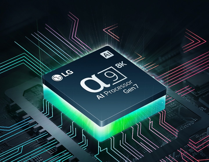 El Procesador alpha 9 AI 8K Gen7 de LG con luz verde que emana debajo y coloridas líneas de placa de circuito que se ramifican desde el procesador de IA.