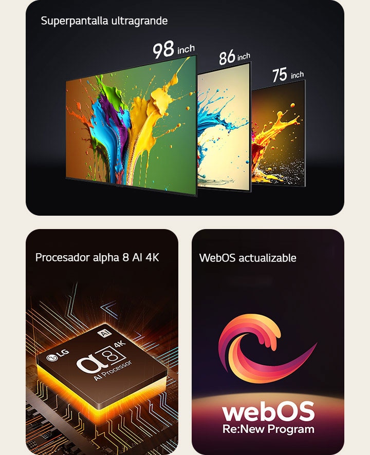 Las TV LG QNED89, QNED90 y QNED99 se muestran en orden de izquierda a derecha. Cada TV muestra salpicaduras de colores y aparecen las palabras “Superpantalla ultragrande” por encima de las televisiones. El procesador alpha 8 AI 4K se muestra con una luz naranja que emana desde abajo. Una forma de espiral roja, amarilla y morada se muestra entre las palabras “webOS actualizable” y “webOS Re:New Program”.