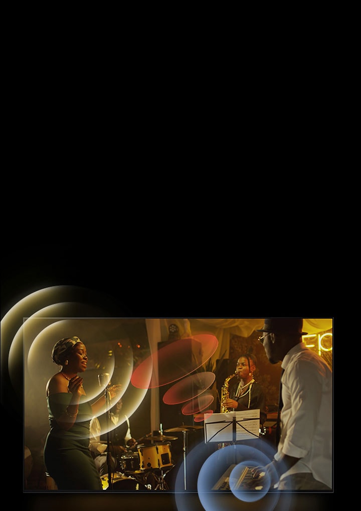 El televisor LG OLED evo muestra a músicos tocando, con gráficos de círculos brillantes alrededor de los micrófonos y los instrumentos.