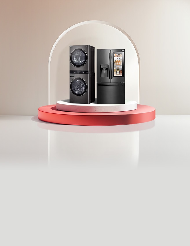Caixa de presente contendo uma máquina de lavar e um styler da LG.