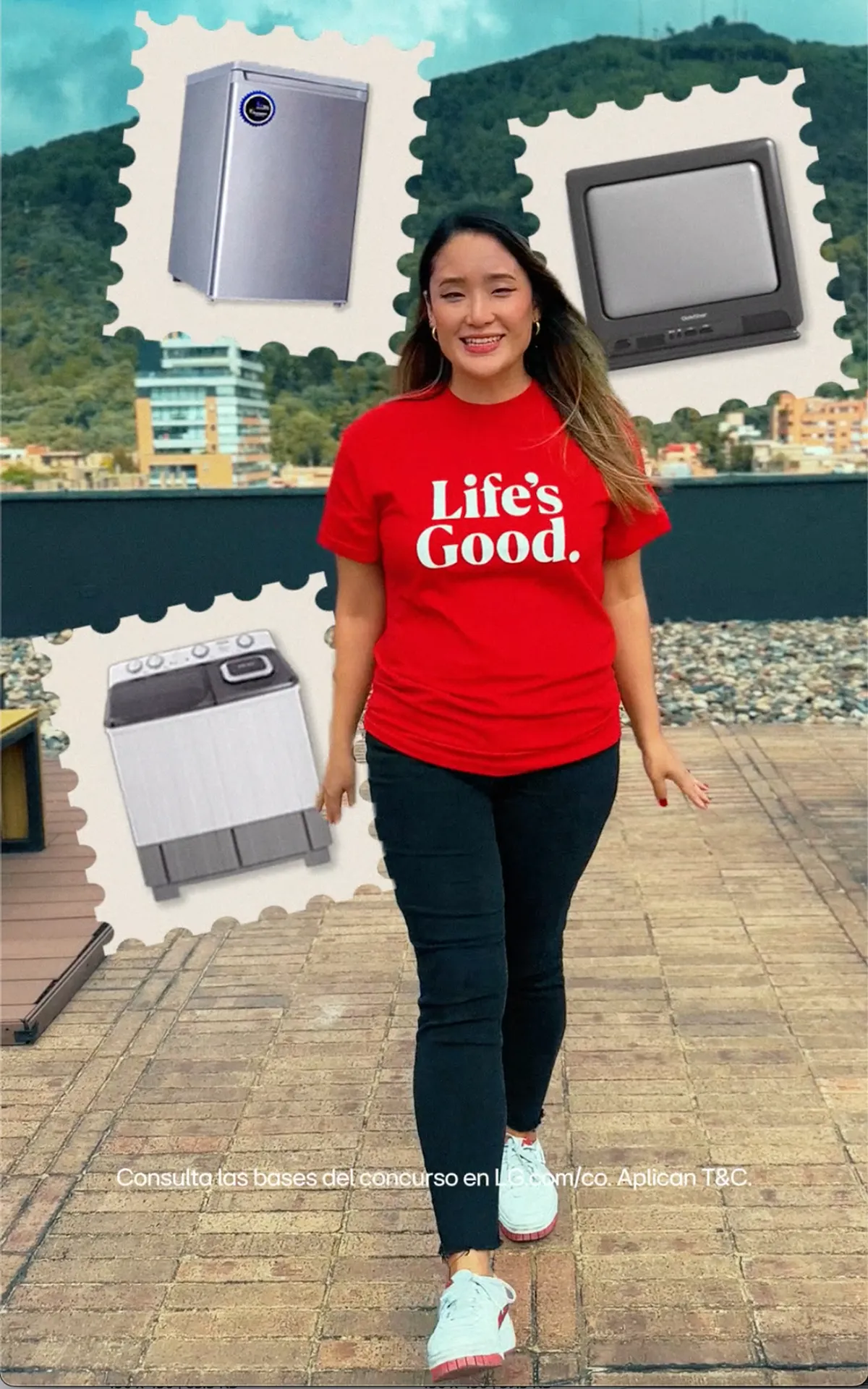Mujer en terraza y se muestran productos antiguos de LG