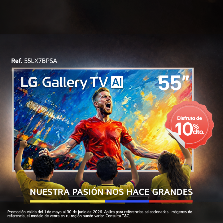 Tv 50" LG en fondo negro muestra un jugador celebrando un gol