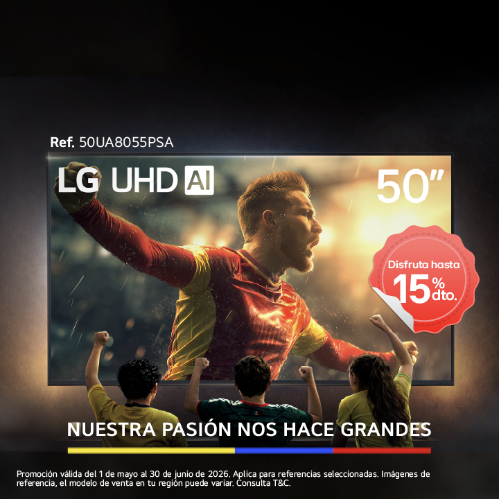 Tv 50" LG en fondo negro muestra un jugador celebrando un gol