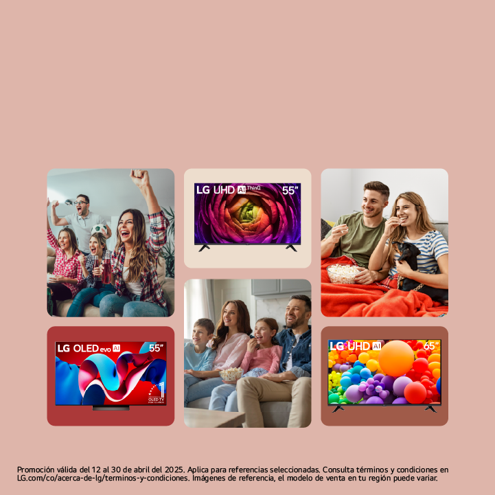 Imágenes de personas disfrutando en compañia y viendo Televisión e imagenes de televisores LG con IA