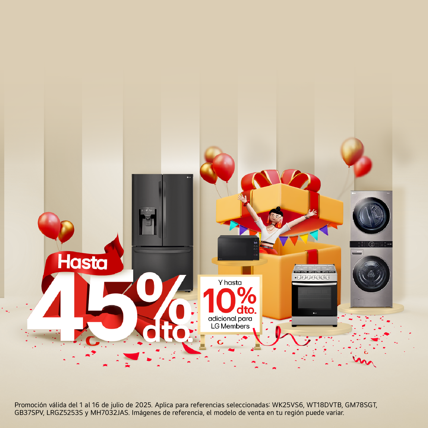 Festival de descuentos LG con Lavadoras, nevecon, estufa, y washtower porcentaje de descuento 45% y un 10% adicional con fondo de rayas