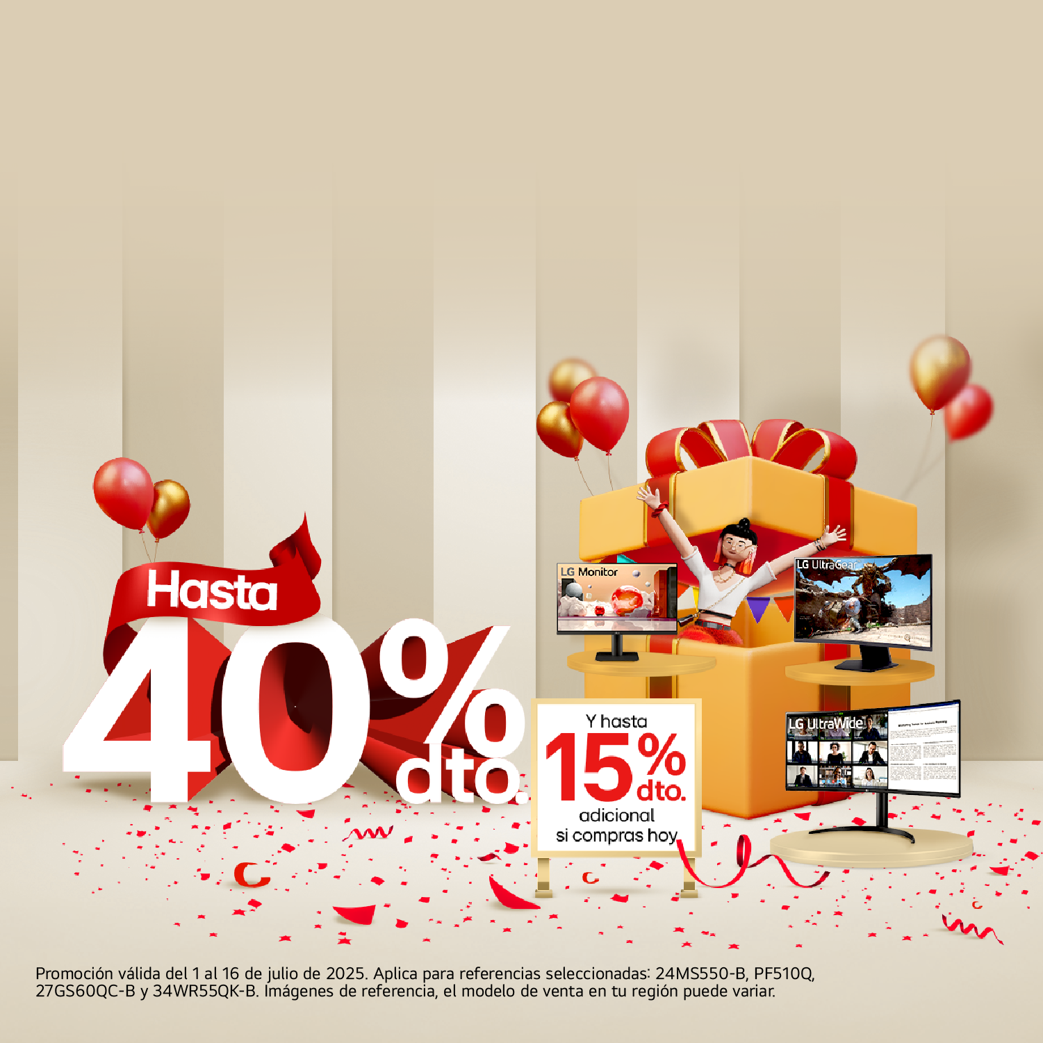 Festival de descuentos LG con Monitores porcentaje de descuento 40% y un 15% adicional con fondo de rayas