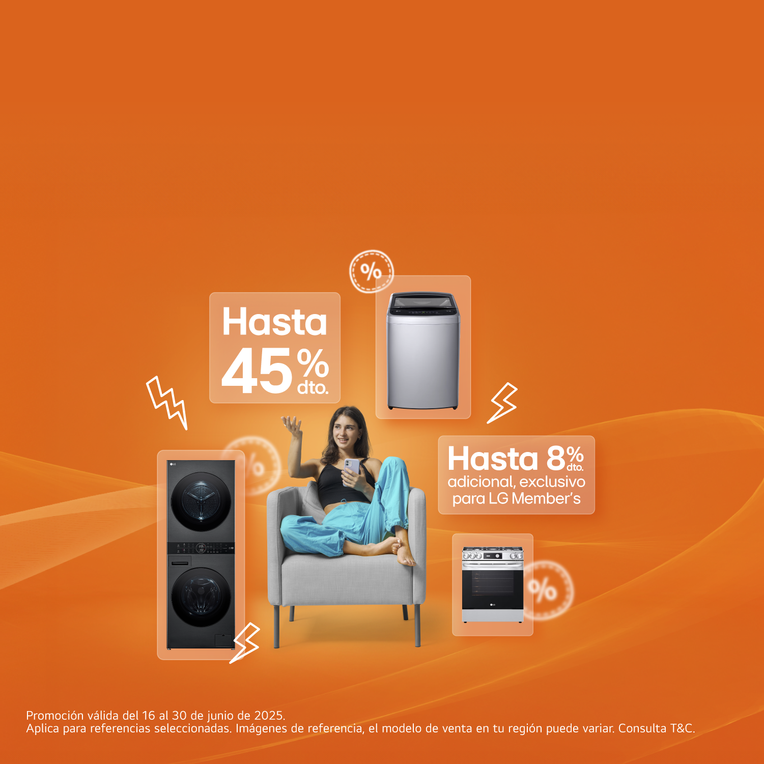 Mujer en silla con electrodomesticos LG: washtower, lavadora carga superior, estufa, en fondo naranja y información de 45% de dto. y hasta 8% dto. adicional exclusivo LG Member
