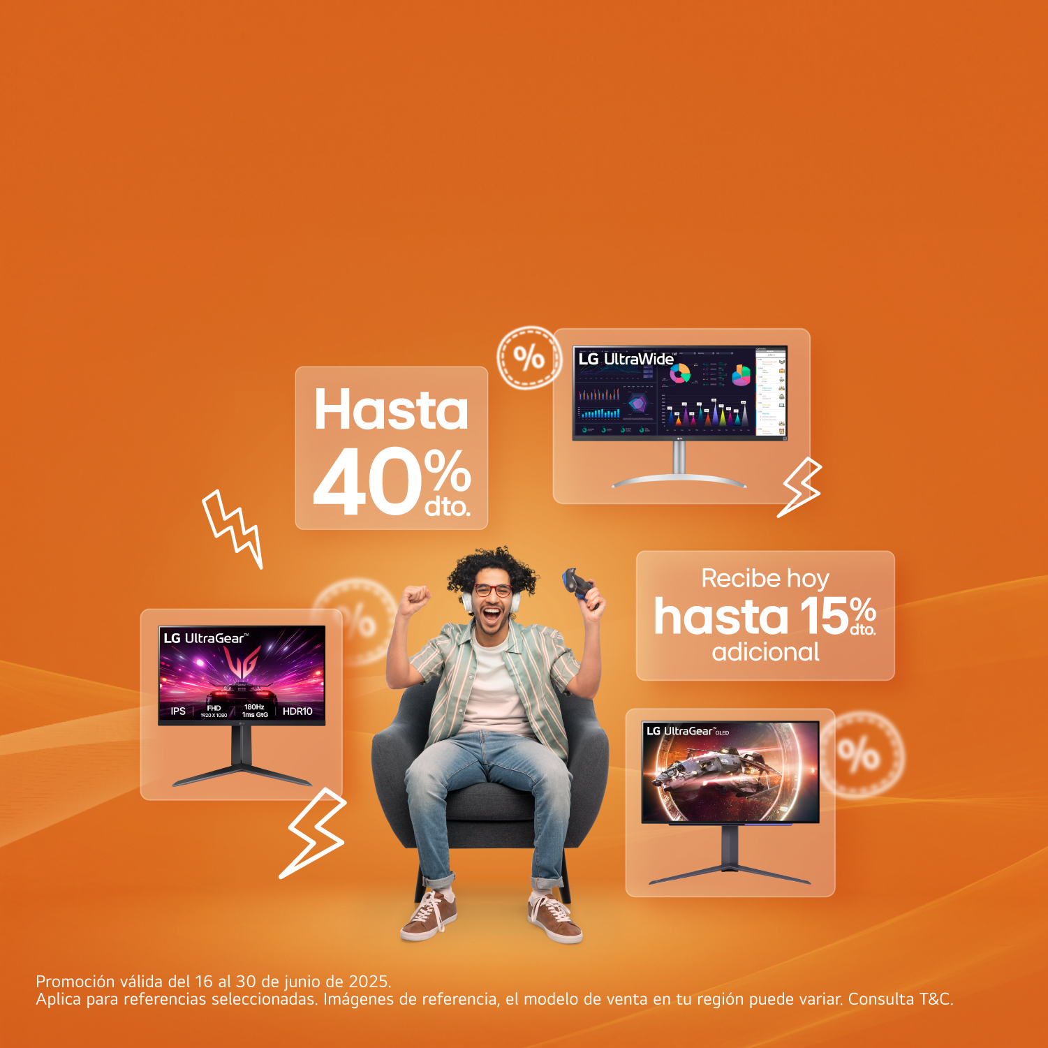 Mujer sentada con televisores LG, en fondo naranja y información de 45% de dto. y hasta 25% dto. adicional 