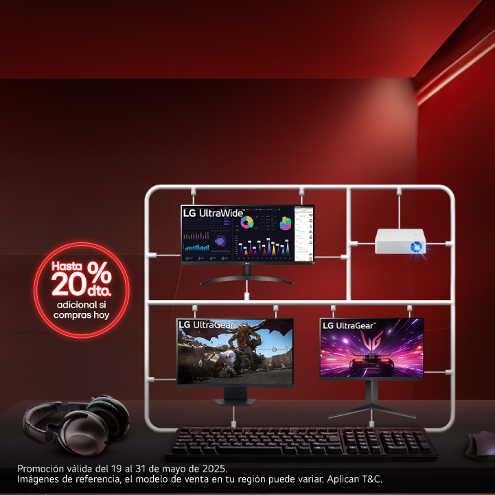 Monitores y proyector LG en fondo rojo
