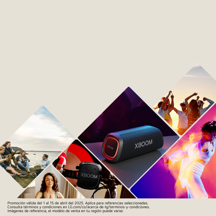 Varias imagenes de personas disfrutando el parlante XBOOM de LG, icono envío gratis