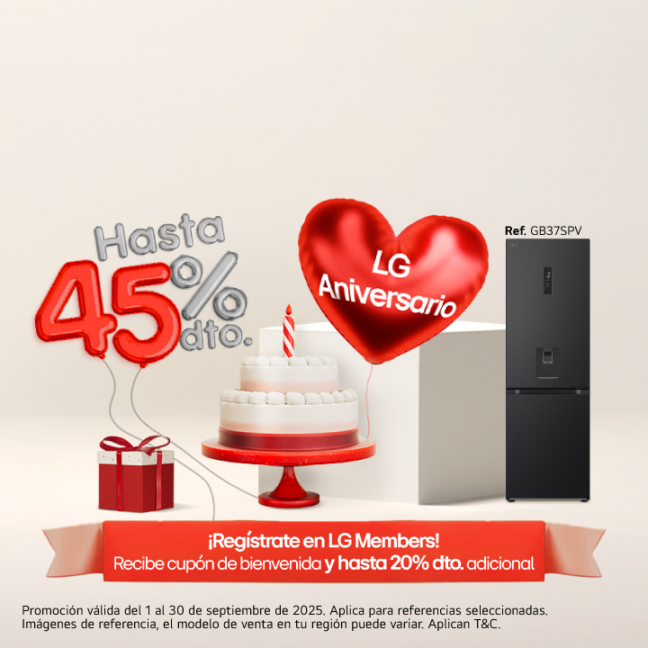 Aniversario LG, neveras, lavadoras,secadoras para ti, 45% de descuento