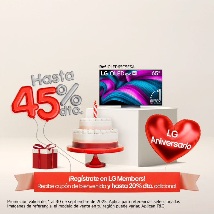 Aniversario LG, TVs, neveras, lavadoras,secadoras para ti, 45% de descuento