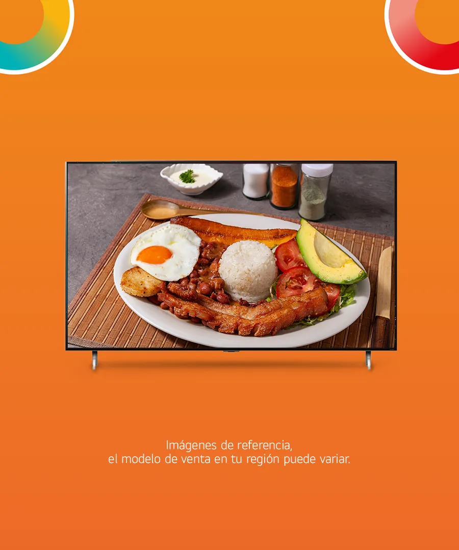 Televisor LG, mostrando plato tipico Colombiano (bandeja paisa)