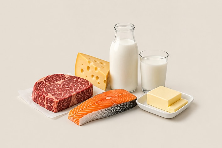 Carne de res fresca, salmón, queso, leche y mantequilla dispuestos para investigaciones sobre calidad y almacenamiento.