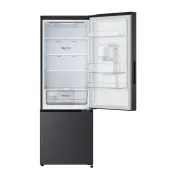 Vista interior de la nevera LG negra mate con alimentos organizados