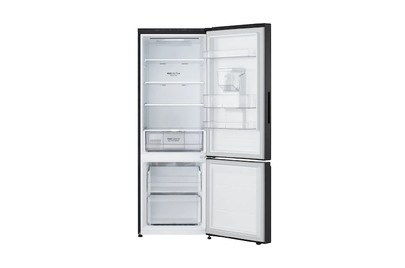 Puerta abierta de la nevera LG negra, vista interior