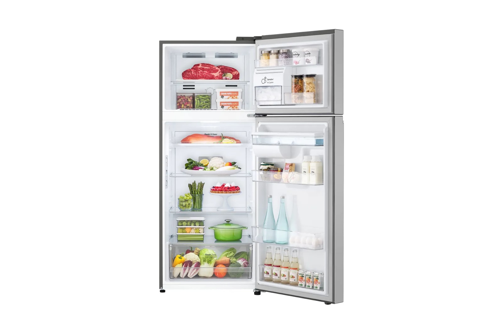 Nevera LG con puertas abiertas mostrando productos almacenados