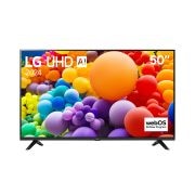 Front view of LG UHD TV, UT73 with text of LG UHD AI ThinQ, 2024, and webOS Re:New Program logo on screen