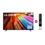 Vista frontal del televisor LG UHD, UT80 con el texto de LG UHD AI ThinQ, 2024, y el logotipo de webOS Re: Nuevo Programa en pantalla.
