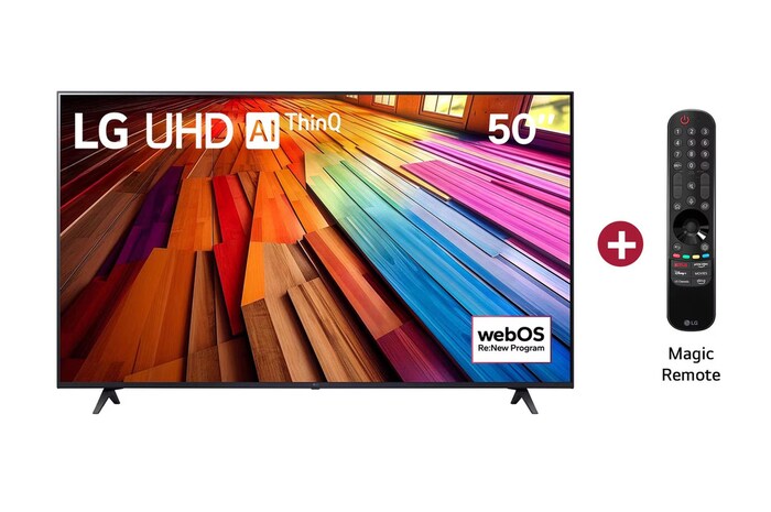 Vista frontal del televisor LG UHD, UT80 con el texto de LG UHD AI ThinQ, 2024, y el logotipo de webOS Re: Nuevo Programa en pantalla.