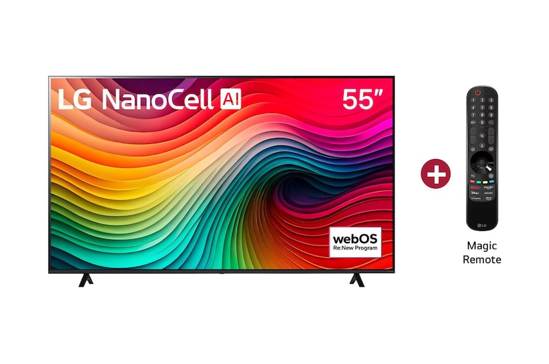 Vista frontal de LG NanoCell TV, NANO80 con IA y más control Magic Remote