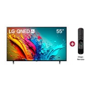 Vista frontal de LG QNED TV, QNED85, incluye Magic Remote