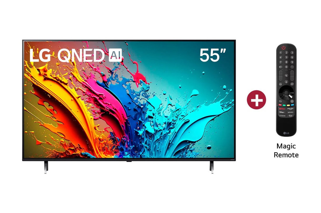 Vista frontal de LG QNED TV, QNED85, incluye Magic Remote
