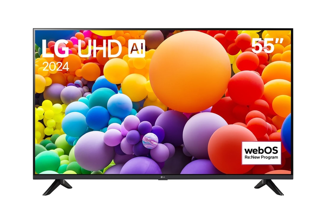 Front view of LG UHD TV, UT73 with text of LG UHD AI ThinQ, 2024, and webOS Re:New Program logo on screen