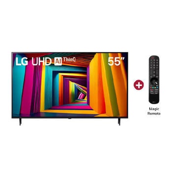 Vista frontal del televisor LG UHD, UT90 con el texto de LG UHD AI ThinQ, 2024, y el logotipo de webOS Re:New Program en pantalla