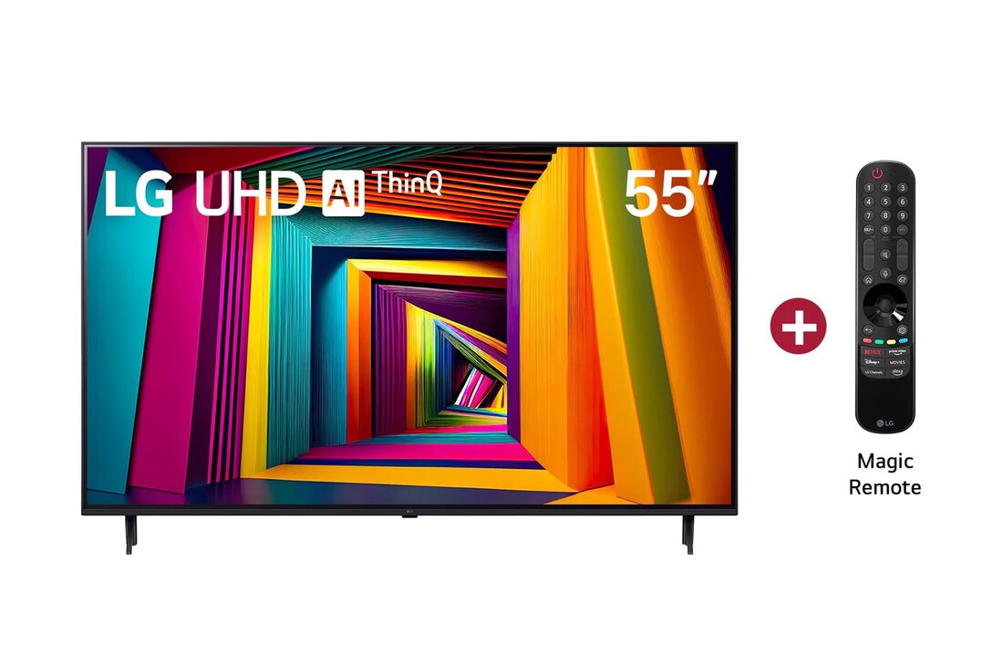 Vista frontal del televisor LG UHD, UT90 con el texto de LG UHD AI ThinQ, 2024, y el logotipo de webOS Re:New Program en pantalla