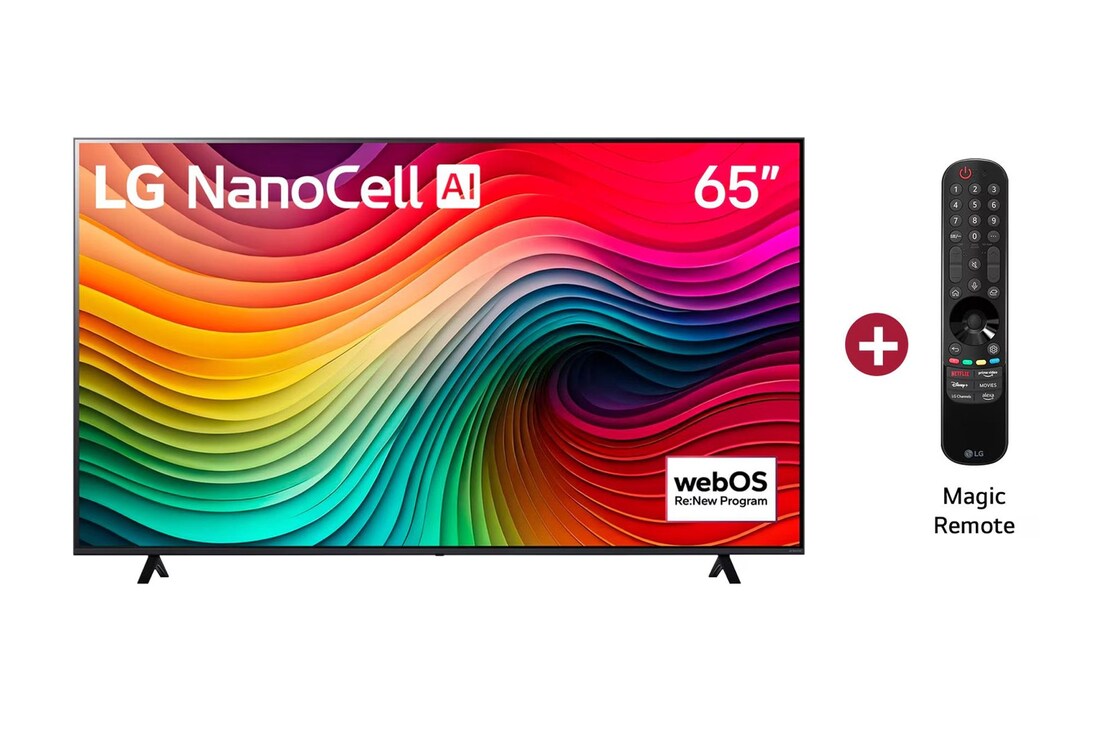 Vista frontal TV LG NanoCell AI más control Magic Remote