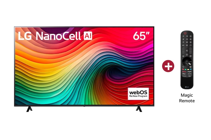 Vista frontal TV LG NanoCell AI más control Magic Remote