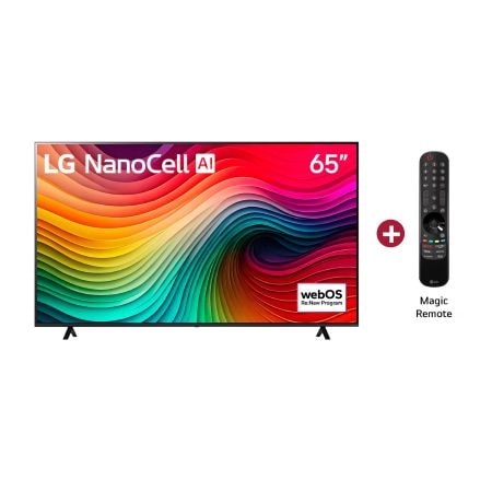 Vista frontal TV LG NanoCell AI más control Magic Remote