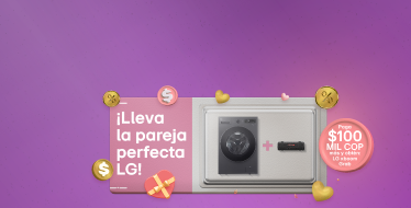 Banner promocional para una oferta combinada de electrodoméstico LG, que presenta una torre lavadora LG y un nevecón lg dentro de una caja de regalo