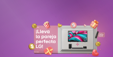 Banner promocional para una oferta combinada de TV y barra de sonido LG, que presenta un televisor y una barra de sonido dentro de una caja de regalo