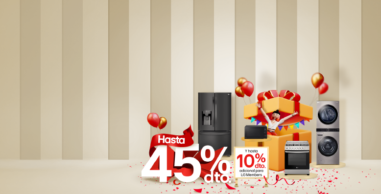 Festival de descuentos LG con Lavadoras, nevecon, estufa, y washtower porcentaje de descuento 45% y un 10% adicional con fondo de rayas