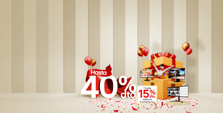 Festival de descuentos LG con Monitores porcentaje de descuento 40% y un 15% adicional con fondo de rayas